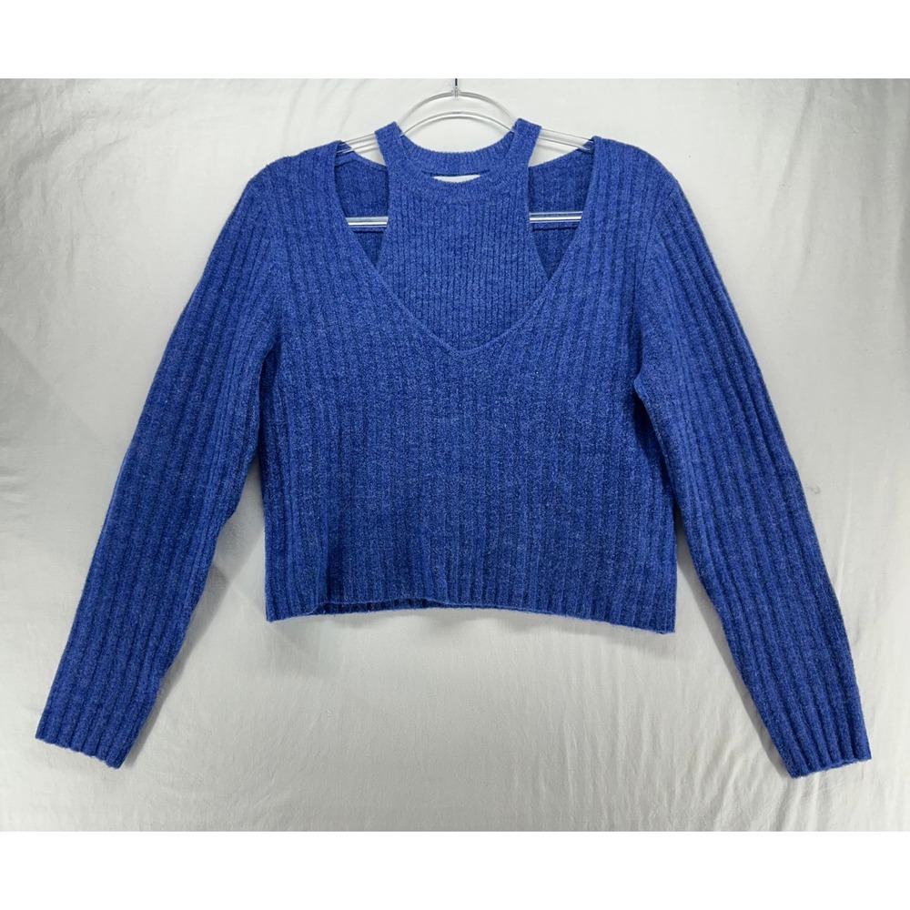 Oak + Fort Blue Ribbed Layered‎ Halter V-Neck Cropped 2 Piece Sweater Womens M